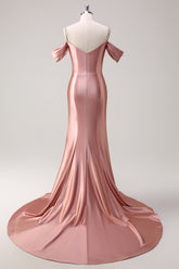 Blush Spaghetti Straps Ruched Mermaid Satin Long Prom Dress with Sequins
